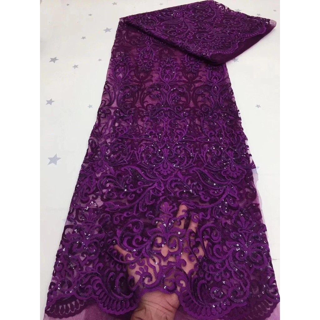 

Purple African Mesh Lace Fabric With Sequins Nigerian Milk Silk Lace Fabric French Tulle Lace Fabric For Wedding Party KDP20112A