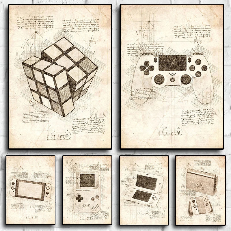 

Pop Vintage Sketch Video Game Handle VR Gaming Poster Wall Art Pictures Canvas Painting Gamer Room Home Decor