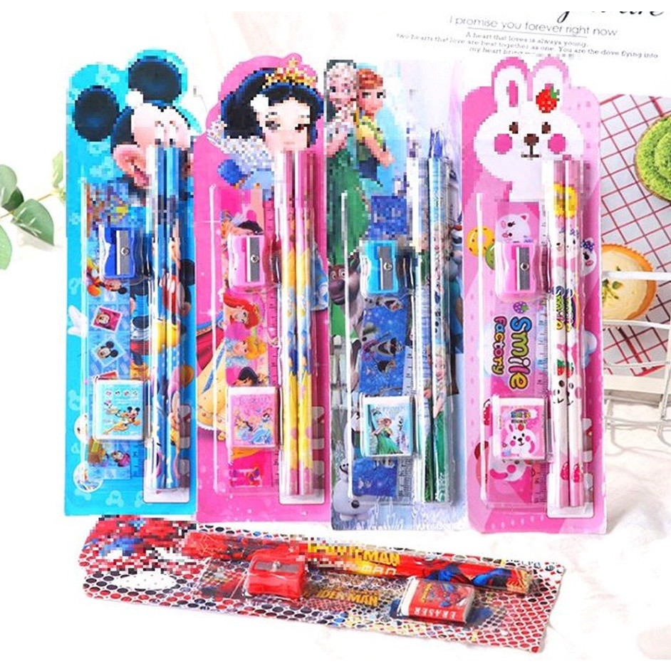 

Set 5in 1 Alat Tulis Anak Sekolah Penghapus penggaris Pensil Serutan Karakter Lucu 5 in 1