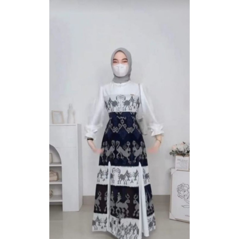 Gamis Dress Etnik Tenun Premium Remaja Wanita Warna Putih Navy Gamis Tenun Etnik Kombinasi