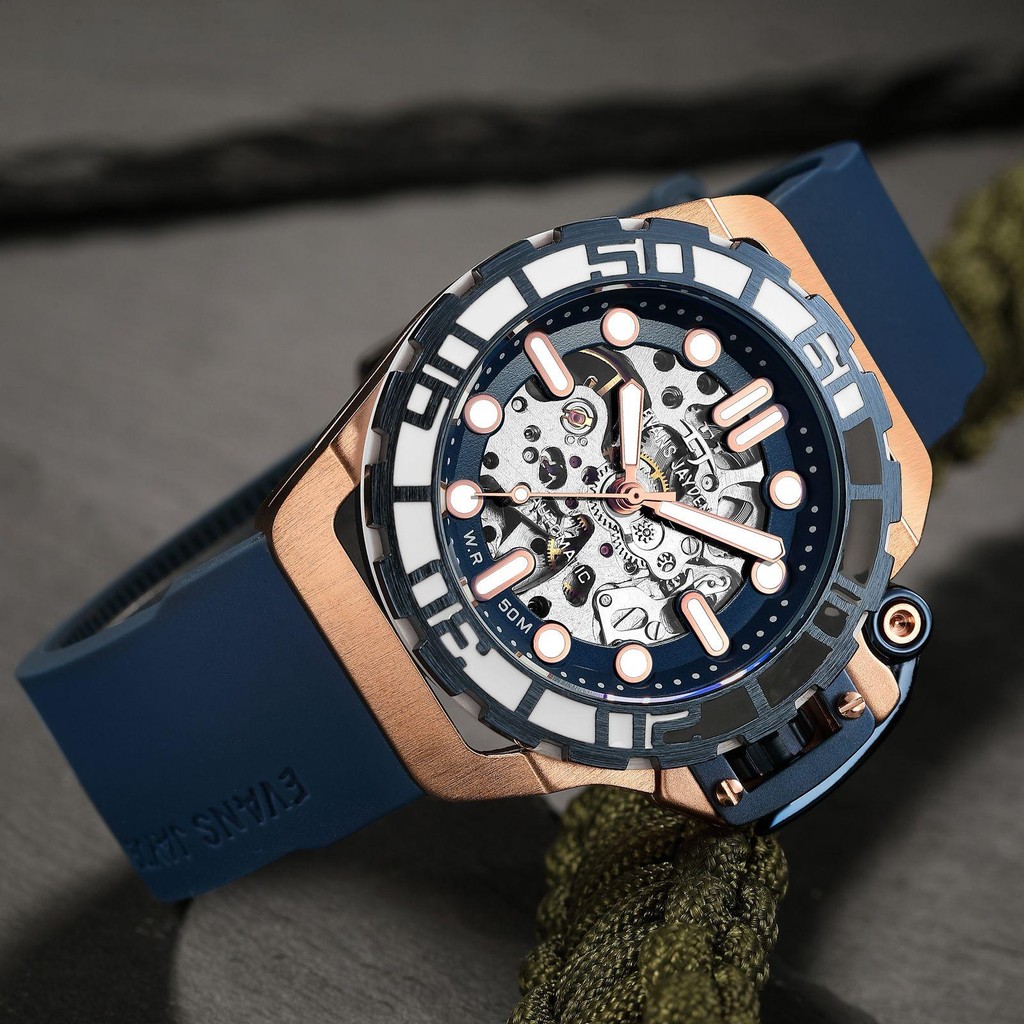 Jam tangan  Evans Jayden Jam Tangan Pria 9630 Rubber Automatic Silicon Kaca Sapphire Chronograph Wat