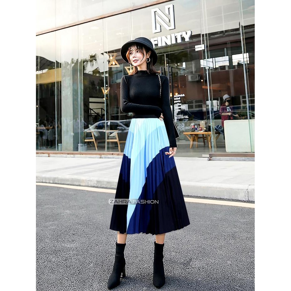 Rok plisket motif import murah 7/8 satin premium gaya korea terbaru - 0666-5 Blue