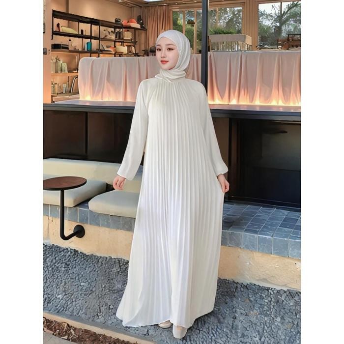 Dress Wanita Casual FANMU Gamis Plisket Premium dengan  - Nude putih hitam Muslim Panjang Maxi Konda