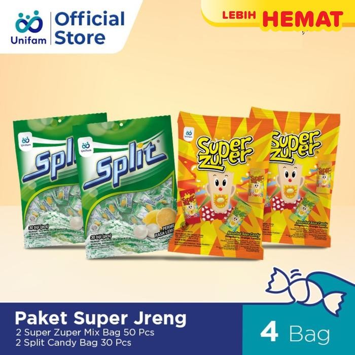 

Paket Seger Jreng Candy - Permen Asam Super Zuper Mix 2 Bag (50Pcs) & Split 2 Bag (40Pcs) Terlaris