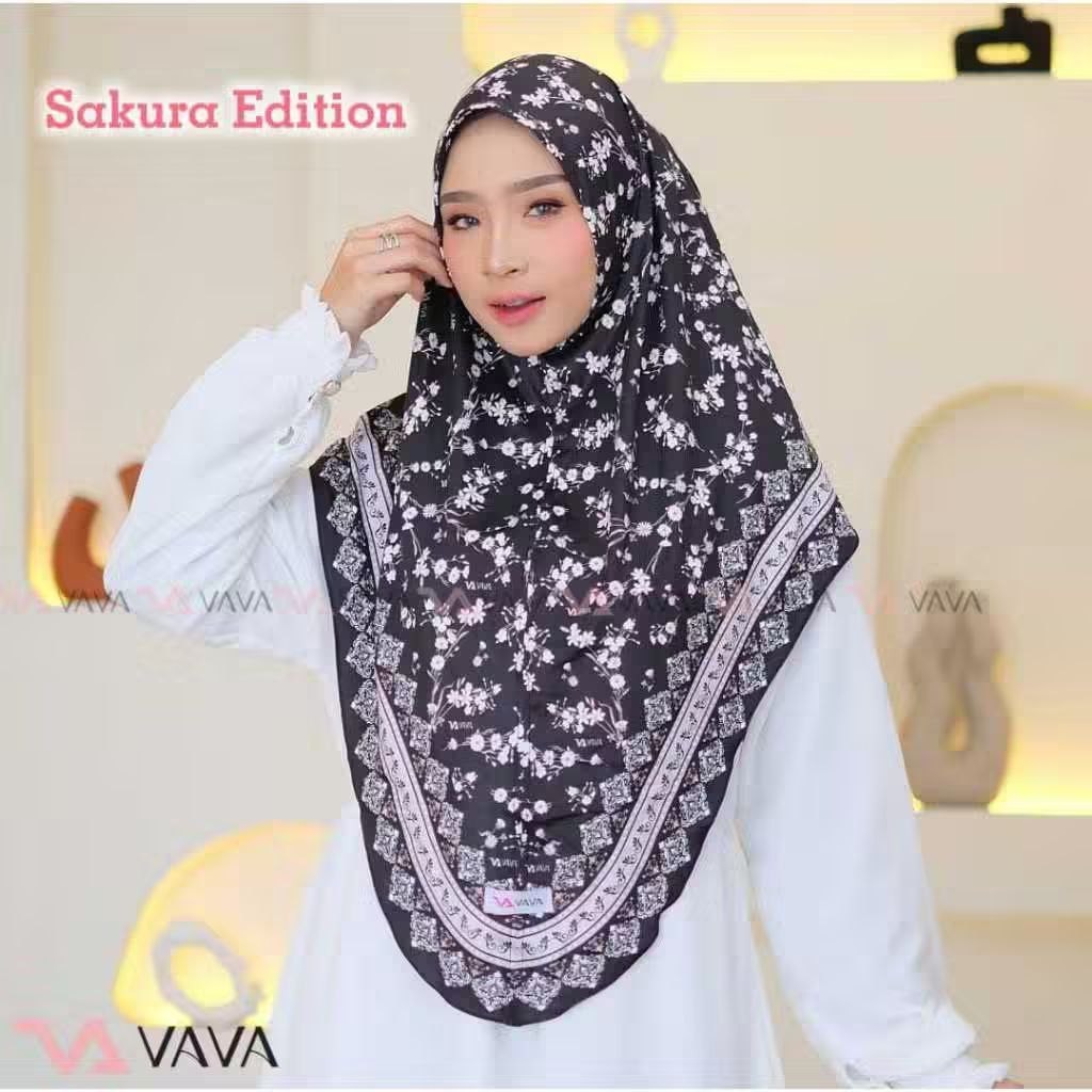 VAVA Hijab - Sakura Motif Jilbab Khimar Malay Printing Sublim Non Pet Instan Syari Kerudung Muslim