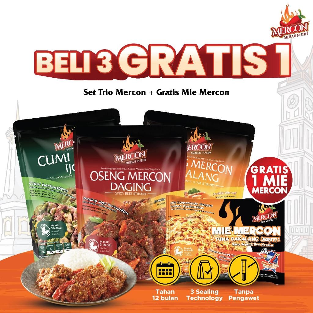 

[ BELI 3 GRATIS 1 ] - Set Trio Mercon isi 3 Pack Lauk Pedas Siap Saji (DAGING, CUMI CABE IJO, CAKALANG) + GRATIS MIE CAKALANG MERCON