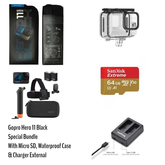 Gopro Hero 11 Black Special Bundle With Micro SD Waterproof Case Charger External - Tanpa Memory, Ti