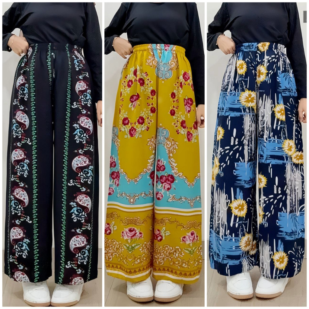 Celana Kulot Hommy  Motif Wanita Bahan Rayon Kulot Panjang Motif Adem Katun Linen Garis Kain Terbaru