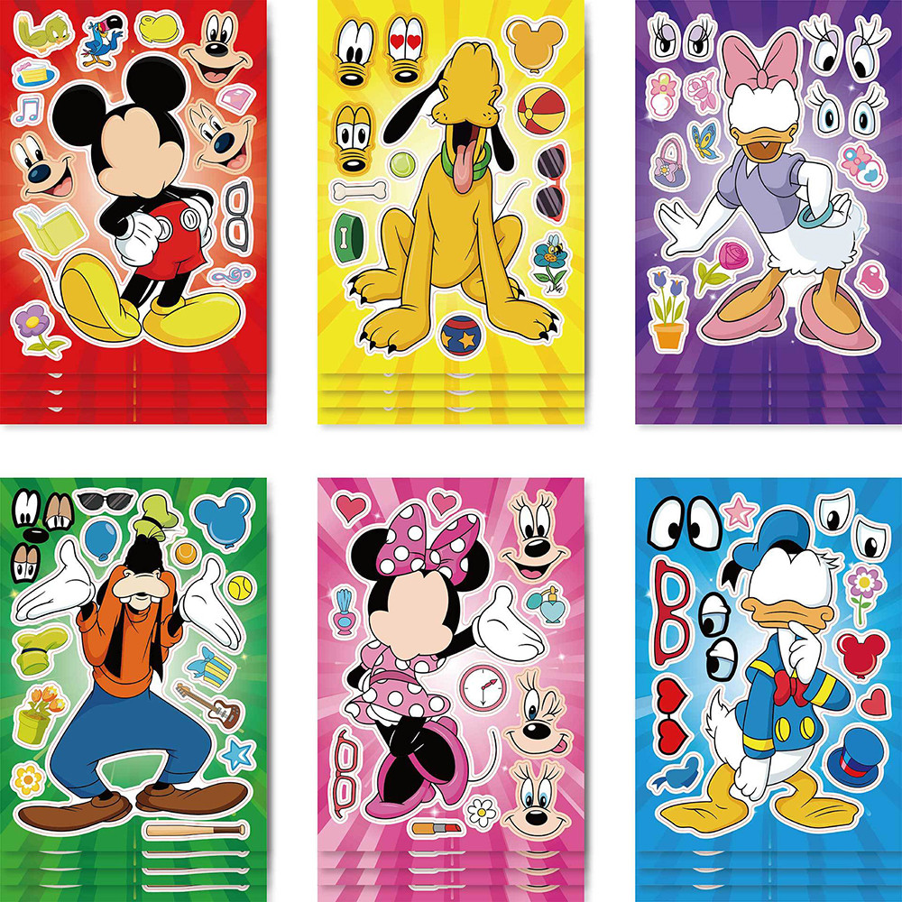 

6/12Sheets Disney Make a Face Puzzle Stickers Mickey Mouse Donald Duck Kids Assemble Jigsaw Toys Children Funny Game Party Gift