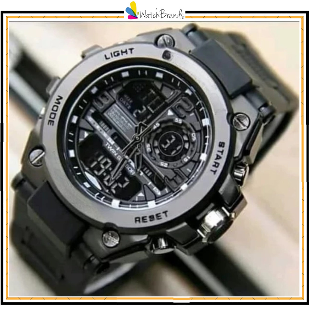 A.S  JAM TANGAN PRIA ANTI AIR RUBBER DUALTIME METAL RM235