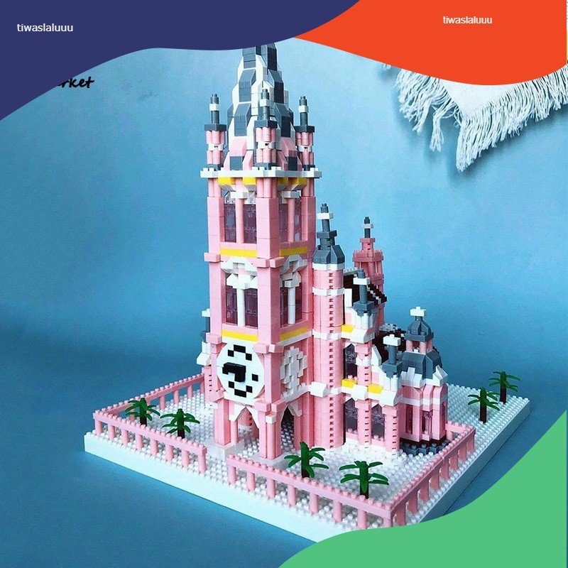 Gereja Merah Muda Blok Bangunan 3D, Gereja Hati Kudus Blok Bangunan Kecil, Model Blok Bangunan, Main