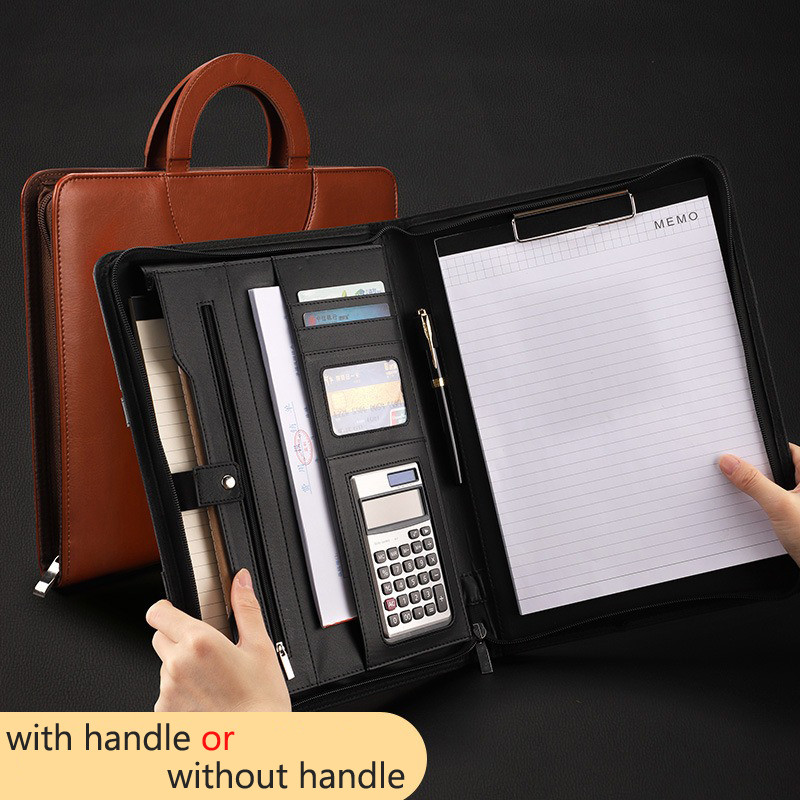 

‌Multifunctional A4 Leather Portfolio Folder Briefcase Desk Document Folders Bag Business Executive Organizer Bag Zipper Office