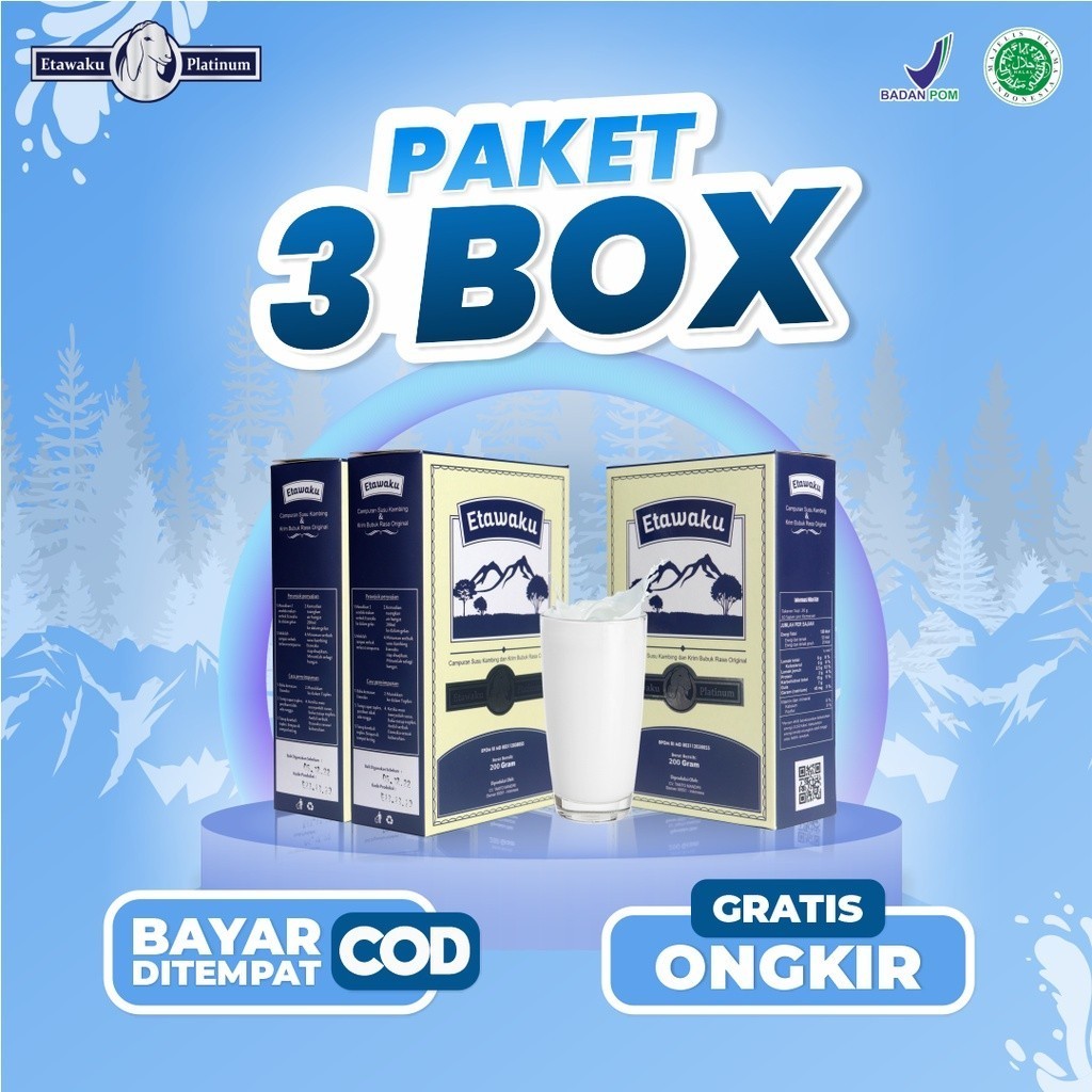 

Etawaku Platinum Paket 3 Box - Susu Kambing Etawa Murni + Krimer Bubuk yang Berkhasiat Tinggi Memiliki Kandungan Protein dan Vitamin Kompleks yang lengkap , melancarkan pencernaan serta Dapat Mengatasi Nyeri Persendian