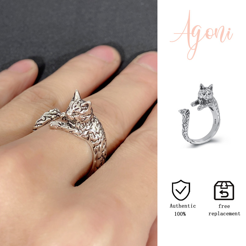S925 cincin kucing hitam perak retro Thailand baru berlapis perak