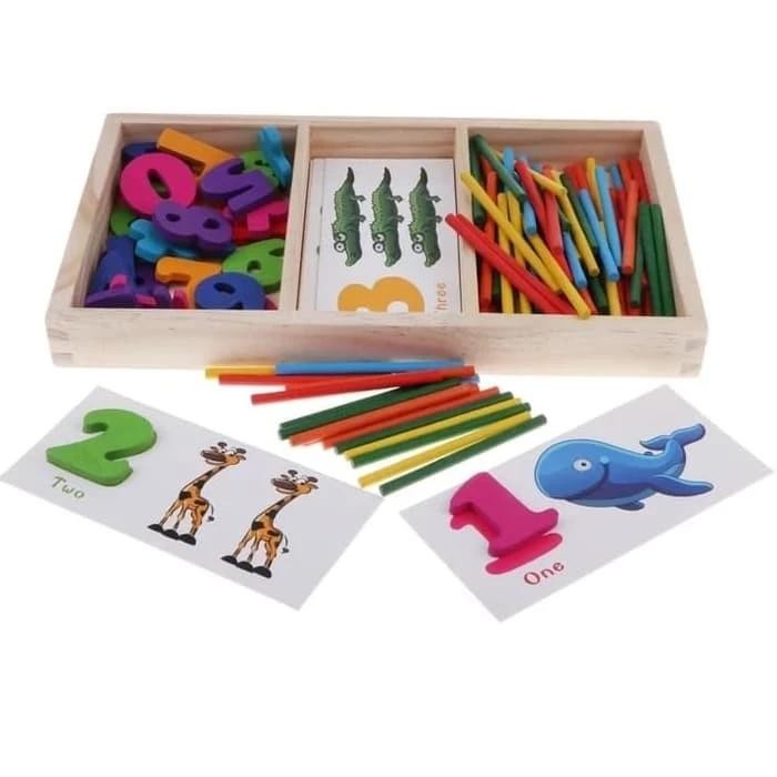 Mainan Edukasi Anak Kayu Belajar Berhitung Pakai Angka 3D & Kartu Gambar + Stik Warna Kids Toys Kado