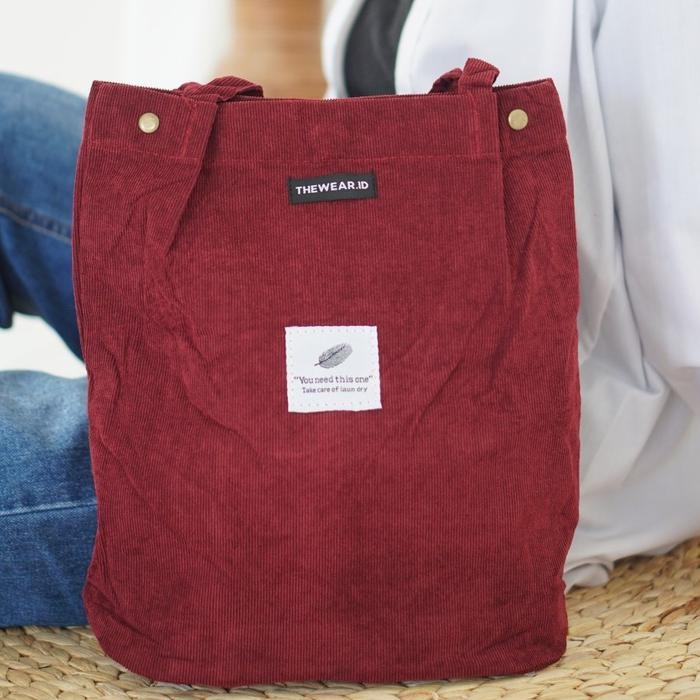 Totebag Tas Corduroy Warna Red Merah Maroon With Inner Pocket Kantong - Merah
