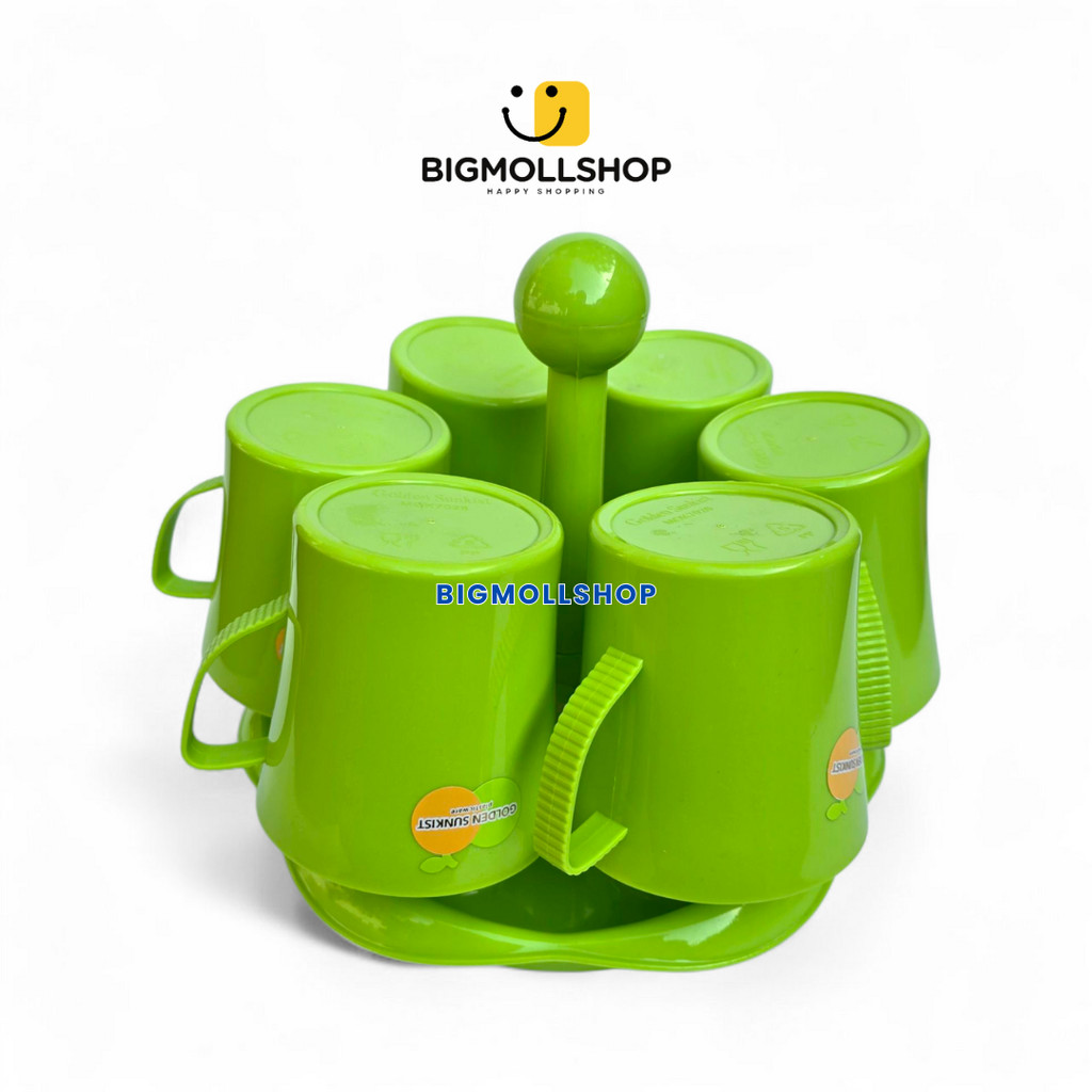 (BMS) Set 6Pcs Cangkir Mug 300ml dan Stand Gelas Air Minum Plastik Hijau Golden Sunkist