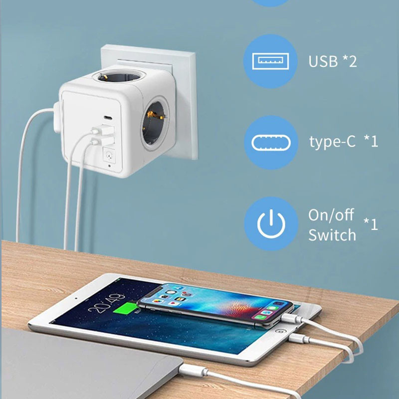Stop Kontak Colokan Listrik Kubus 4 Port AC + 2 USB + Type C - Charger Cepat Stabilizer Multifungsi 