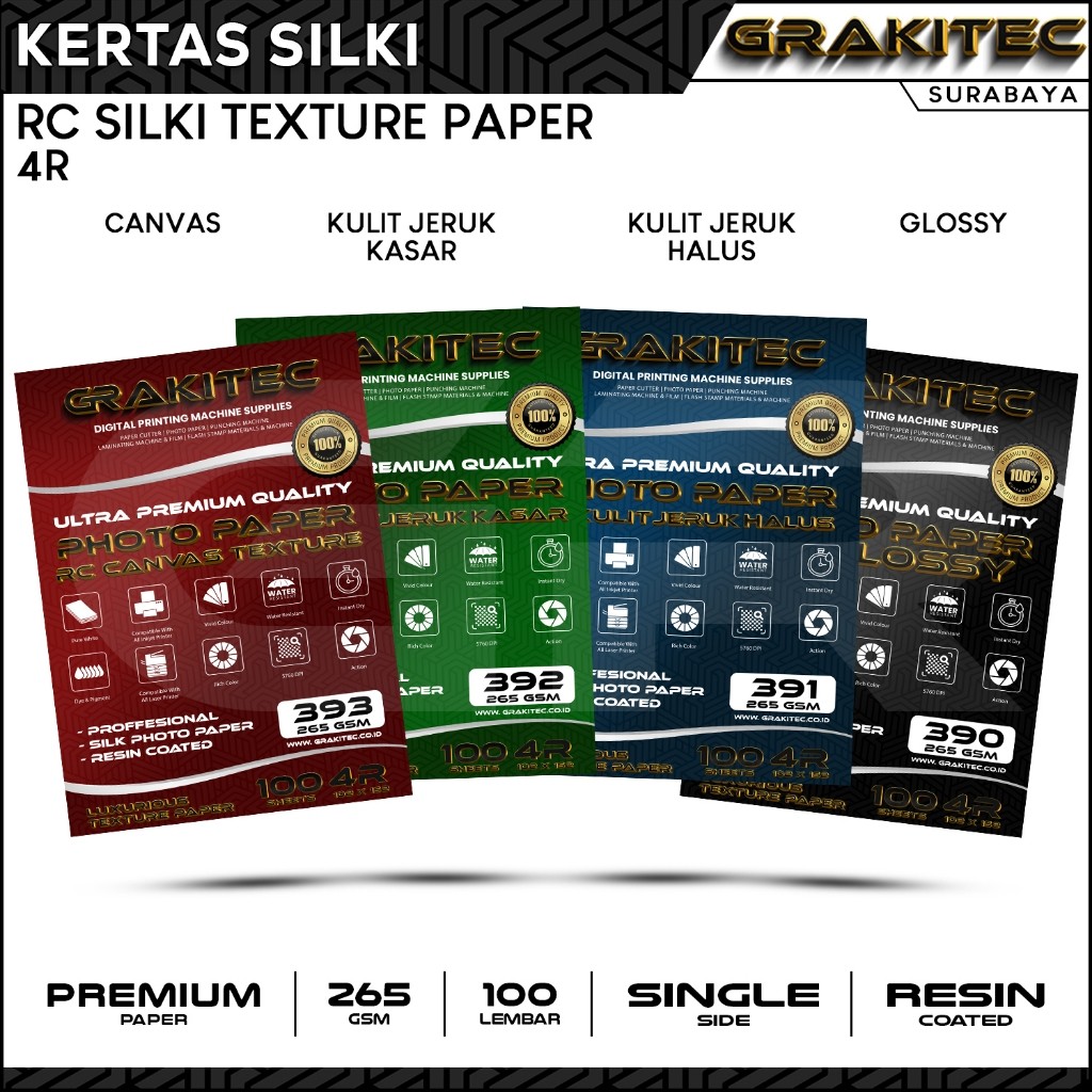 

Grakitec Kertas Foto Silki 4R isi 100 Lembar Doff Kulit Jeruk Professional Silki Texture , RC Glossy Photo Paper, Doff Halus, Canvas, Doff Kasar/ Luster Resin Coated SBY