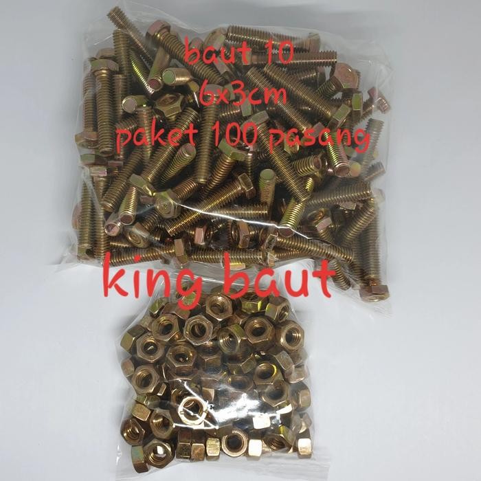 Paket 100 Pcs Baut 10 + Mur (6mm) x 3 cm