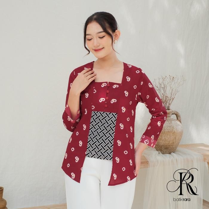 

Atasan Kebaya Kutubaru Batik Modern Katun Lengan Panjang Kombinasi Kancing - Marun, M