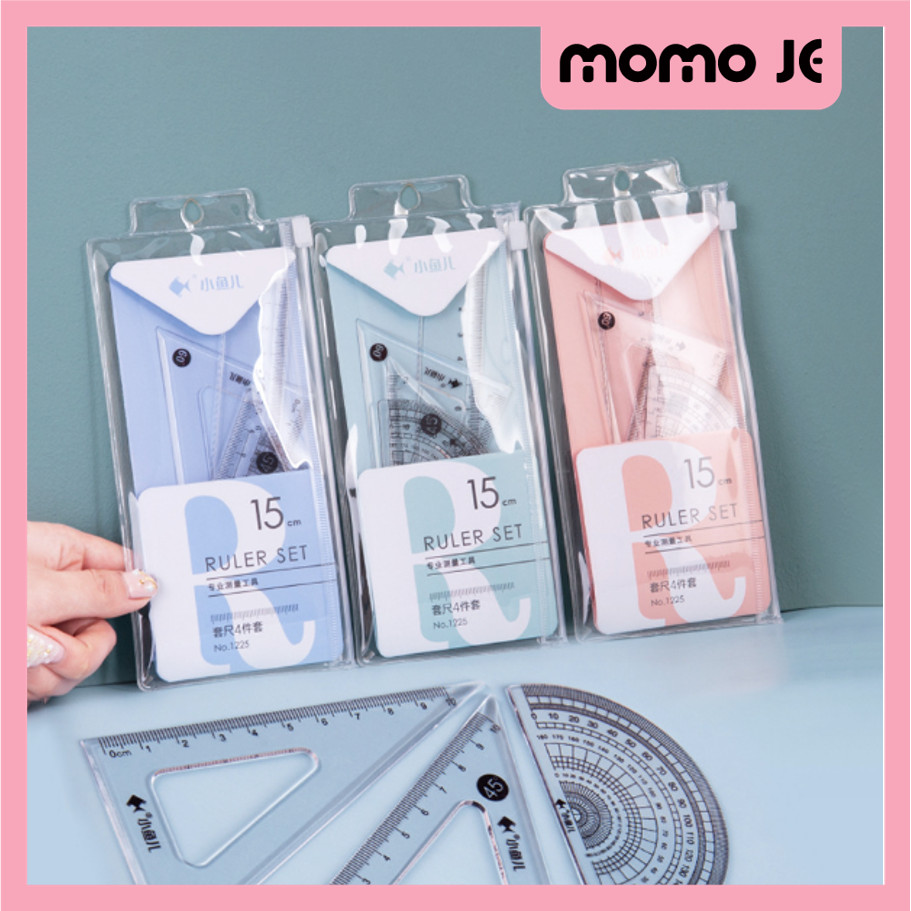 

MOMO JE S6135 Perlengkapan Sekolah Menggambar Motif Polos 4 In 1 Ruller Set Transparant Penggaris Bening Polos