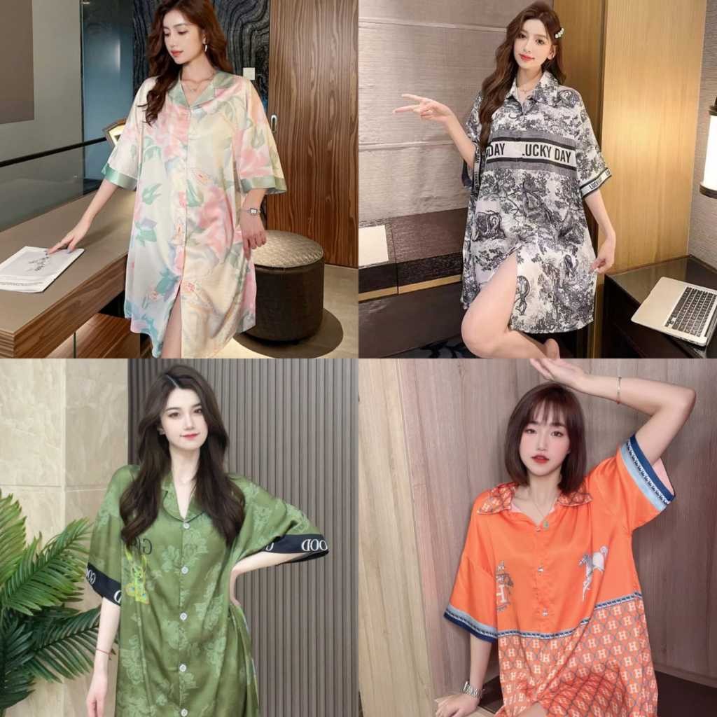 OLIPOPISHOP  DRESS SATIN DASTER BAJU TIDUR SANTAI IMPORT WANITA LENGAN PENDEK BAHAN SATEN