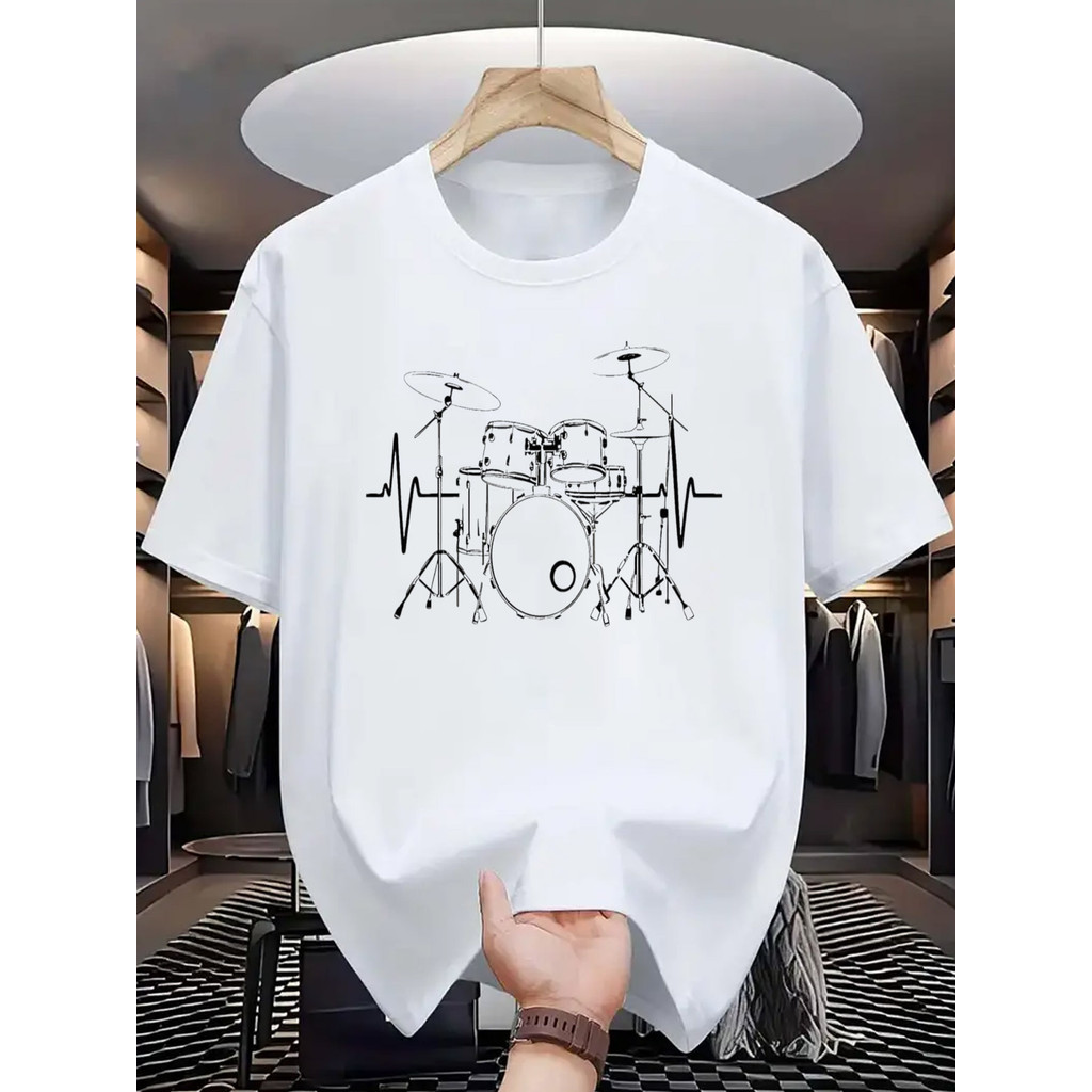Kaos Hitam dengan Desain Pola Detak Jantung Set Drum |     Kaos Lengan Pendek Eksklusif untuk Pengge