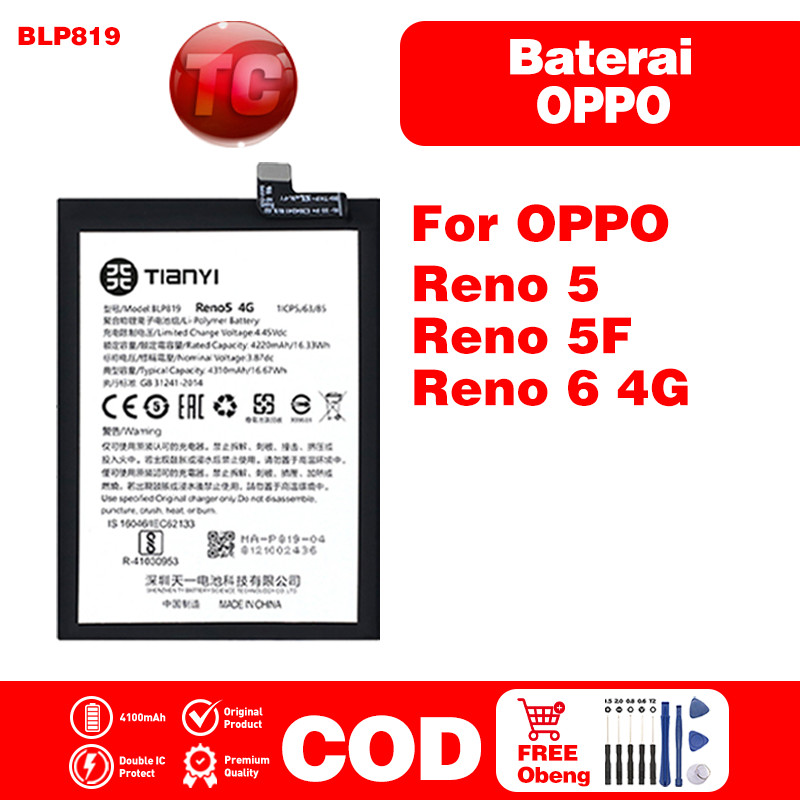 Original 100% Baterai OPPO Reno5 / OPPO Reno5 F / OPPO Reno6 4G BLP819 4220mAh Baterai hp For OPPO B
