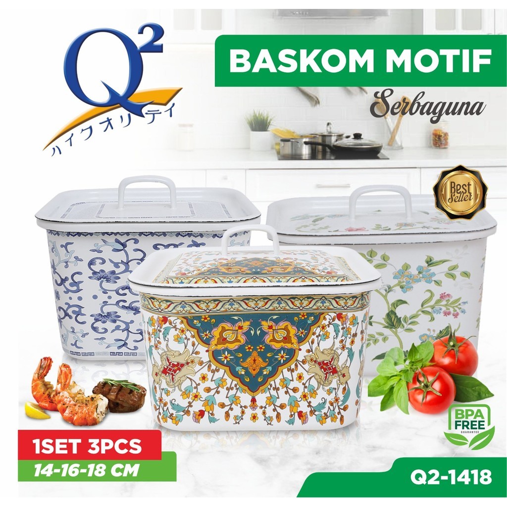 Baskom Enamel Set Motif Persegi - Baskom Enamel Motif Bunga 3in1 - Panci Enamel - Panci Persegi Moti