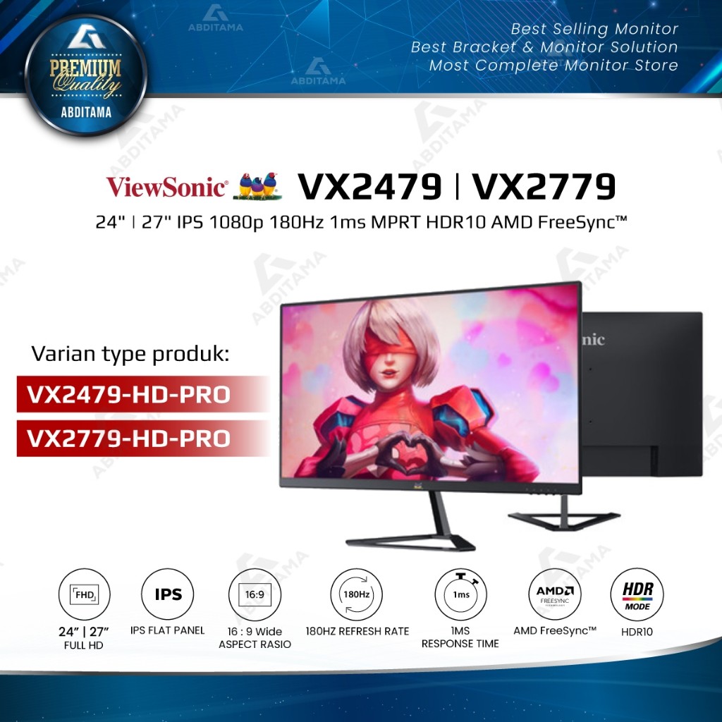 Monitor Gaming LED Viewsonic VX2479-HD-Pro 24" | VX2779-HD-Pro 27" IPS 1080p HDMI DP 180Hz 1ms MPRT 