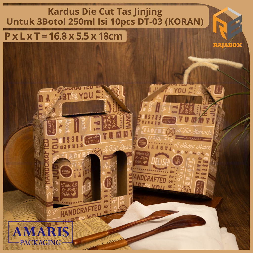

DT-03 Kardus Die Cut Tas Jinjing Botol 250ml x 3 Isi 10 Pcs Amaris Packaging
