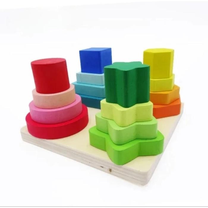 Mainan Edukasi Kayu Anak 4 Bentuk Geometris Warna-Warni Puzzle Susun Balok Montessori Kids Toys Kado