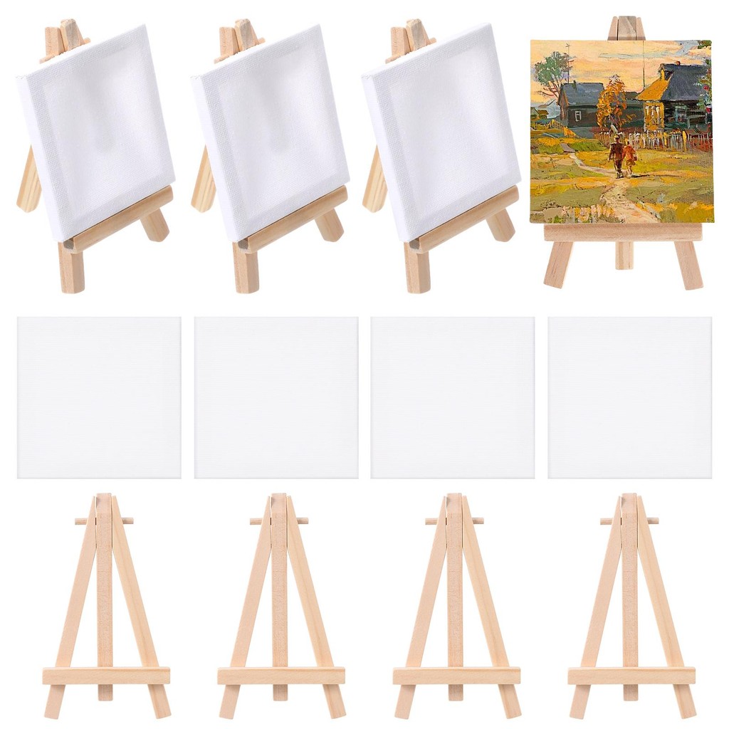 

12 Sets Canvas Easel White Paint Blank Board Portable Wooden Painting Easel Wooden Painting Set for Kids Craft Gift