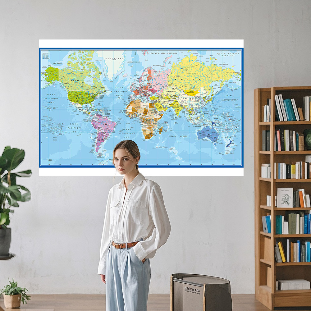 

In French Map of The World Poster Polyester Fabric Cloth Wall Painting Office School Supplies Home Decoration Carte Du Monde
