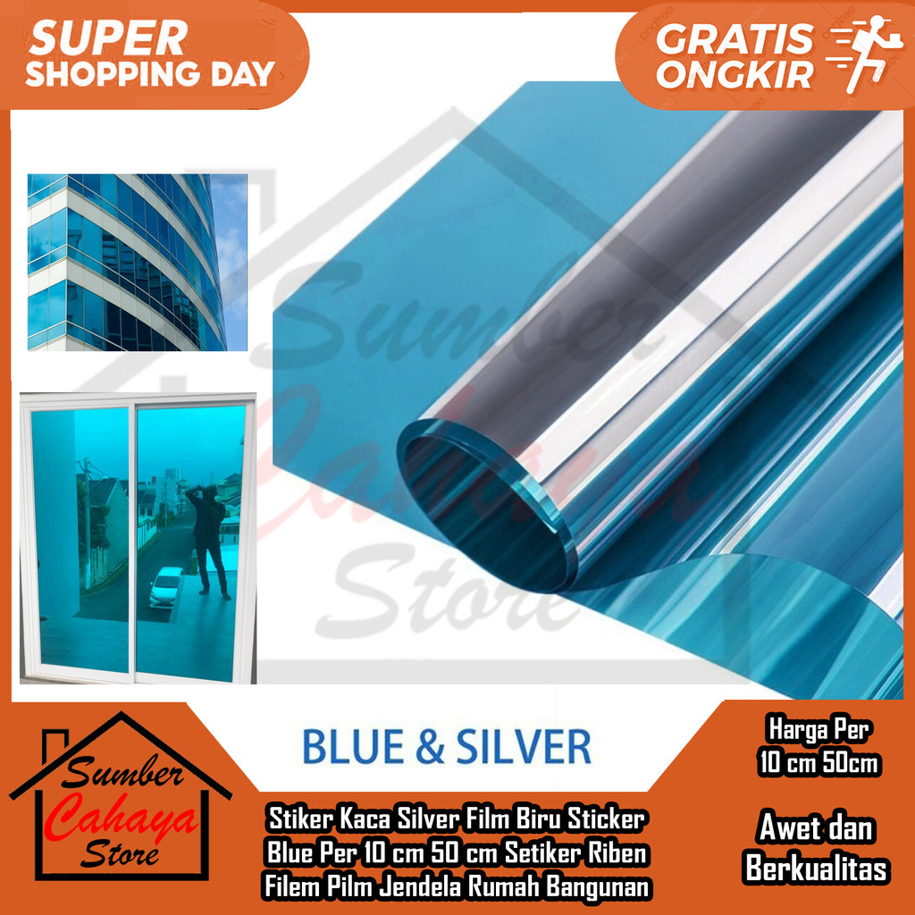 Stiker Kaca Silver Film Biru Sticker Blue Per 10cm 50cm Setiker Riben Filem Pilm Kaco Jendela Rumah 