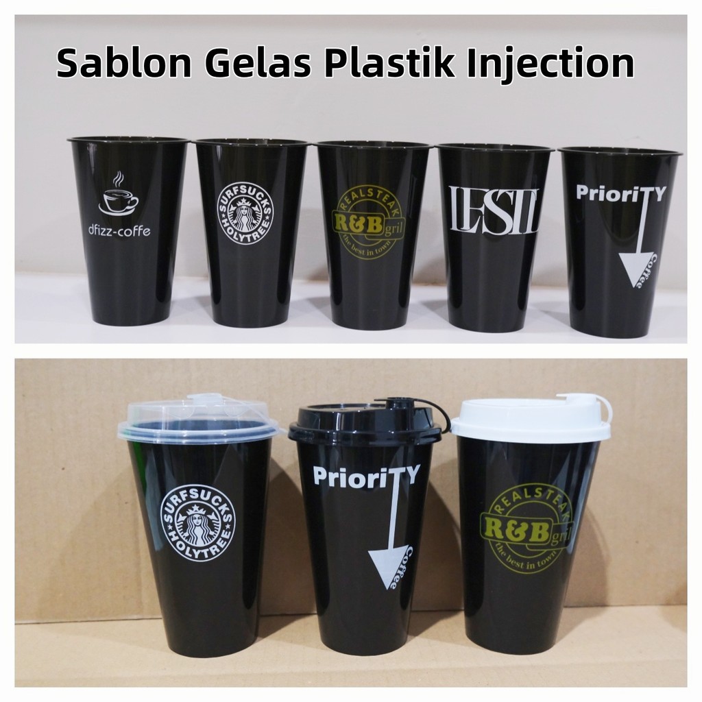 Sablon Custom Logo Gelas Plastik Injection Hitam Black — 16oz 24oz | Cetak 1 Warna | Cup Minuman Teb