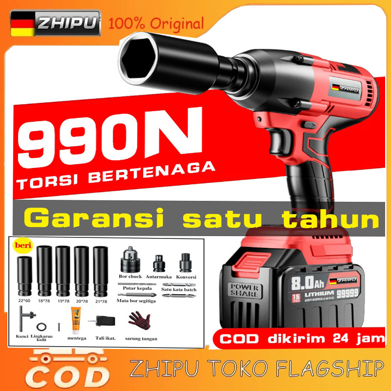 IMPACT WRENCH TORSI BESAR 【COD】ZHIPU Kunci listrik Kunci baterai  660/990N.MKunci impact elektrik Ku