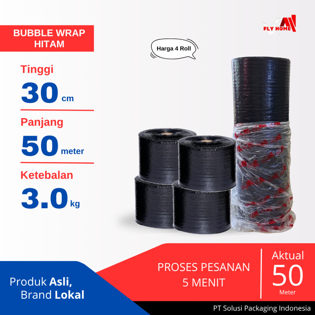 

FLYHOME Bubble wrap hitam 3kg potongan 30cm 4 roll hitam 30x50meter
