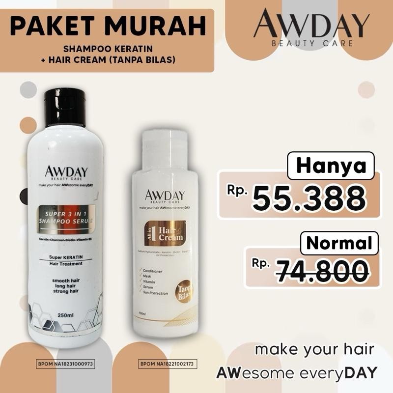 

AWDAY PAKET SUPER 3in1 SHAMPO CHARCOAL KERATIN & ALLin1 HAIRCREAM 100ml Conditioner Shampoo