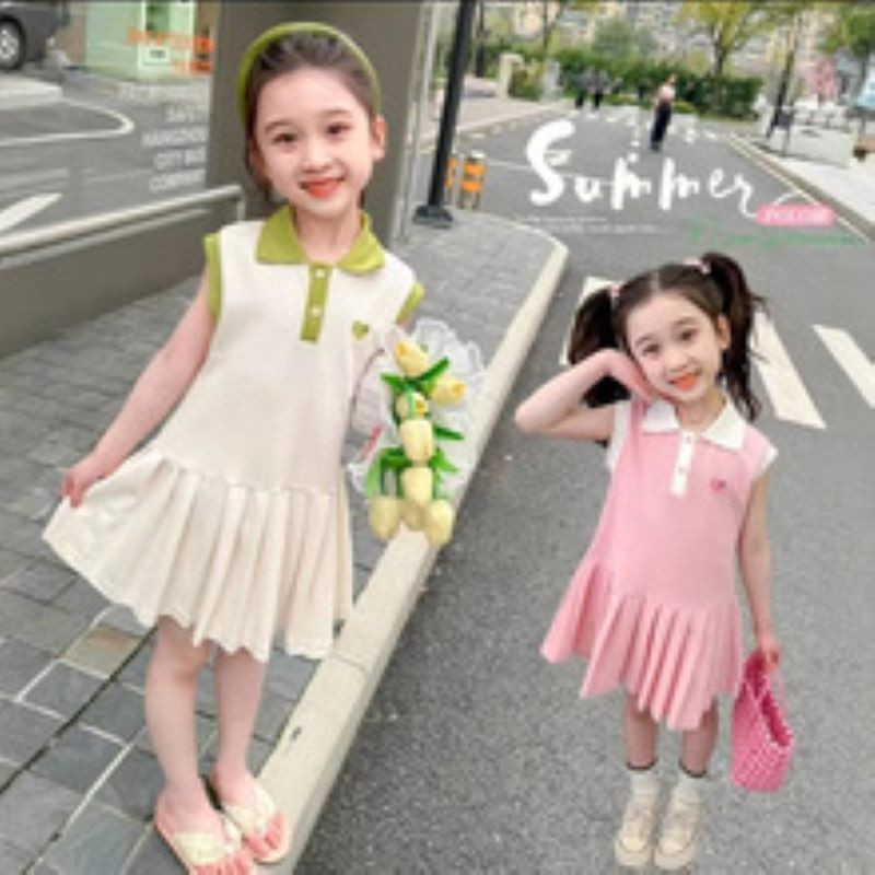 Dress Polo Import Anak Perempuan Kaos Kerah Dress Rumbai Cewek Tanpa Lengan Dress Polo Anak DR80