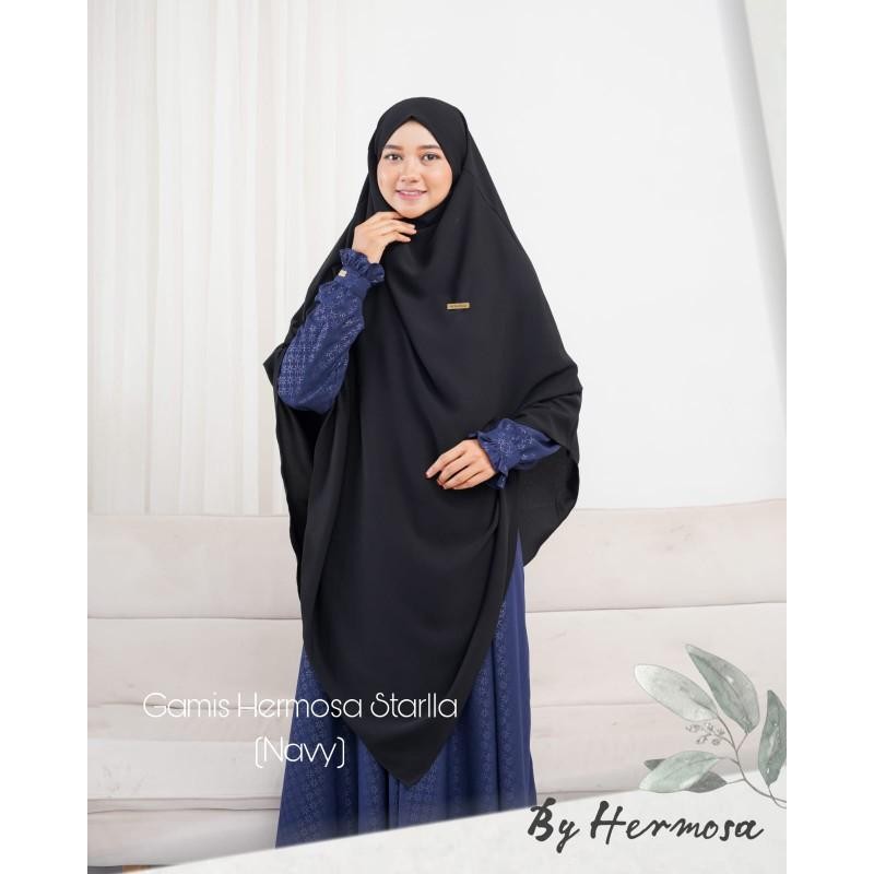 [Gamis hermosa]Gamis hermosa embos motif starla warna navy biru dongker-gamis syari navy busui premi