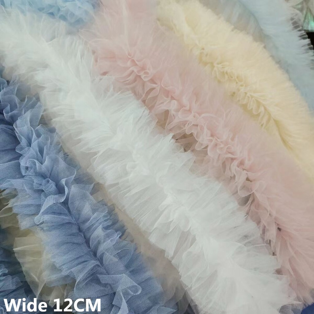 

12CM Wide White Pink 3d Pleated Multilayer Mesh Lace Fabric Ribbon Wedding Dress Hemlines Clothes Curtains DIY Sewing Decor