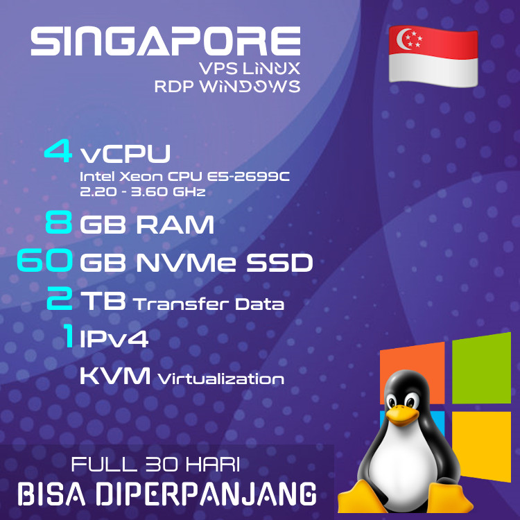 SERVER SINGAPORE VPS Linux/Windows 4vCPU / 8G RAM - Bergaransi 30 Hari Bisa DIPERPANJANG