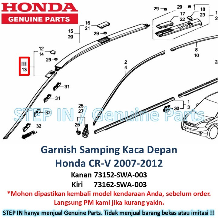 Tutup Tiang Samping Kaca Depan Kanan Kiri List Moulding Garnish Honda CRV CR-V 2007 2008 2009 2010 2