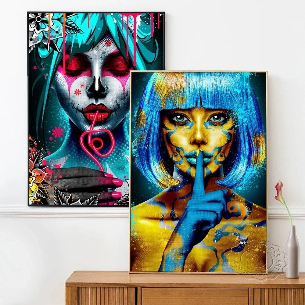 

Pop Art Canvas Painting Posters Graffiti Woman Face Portrait And Prints Street Wall Art Pictures For Living Room Home Decor