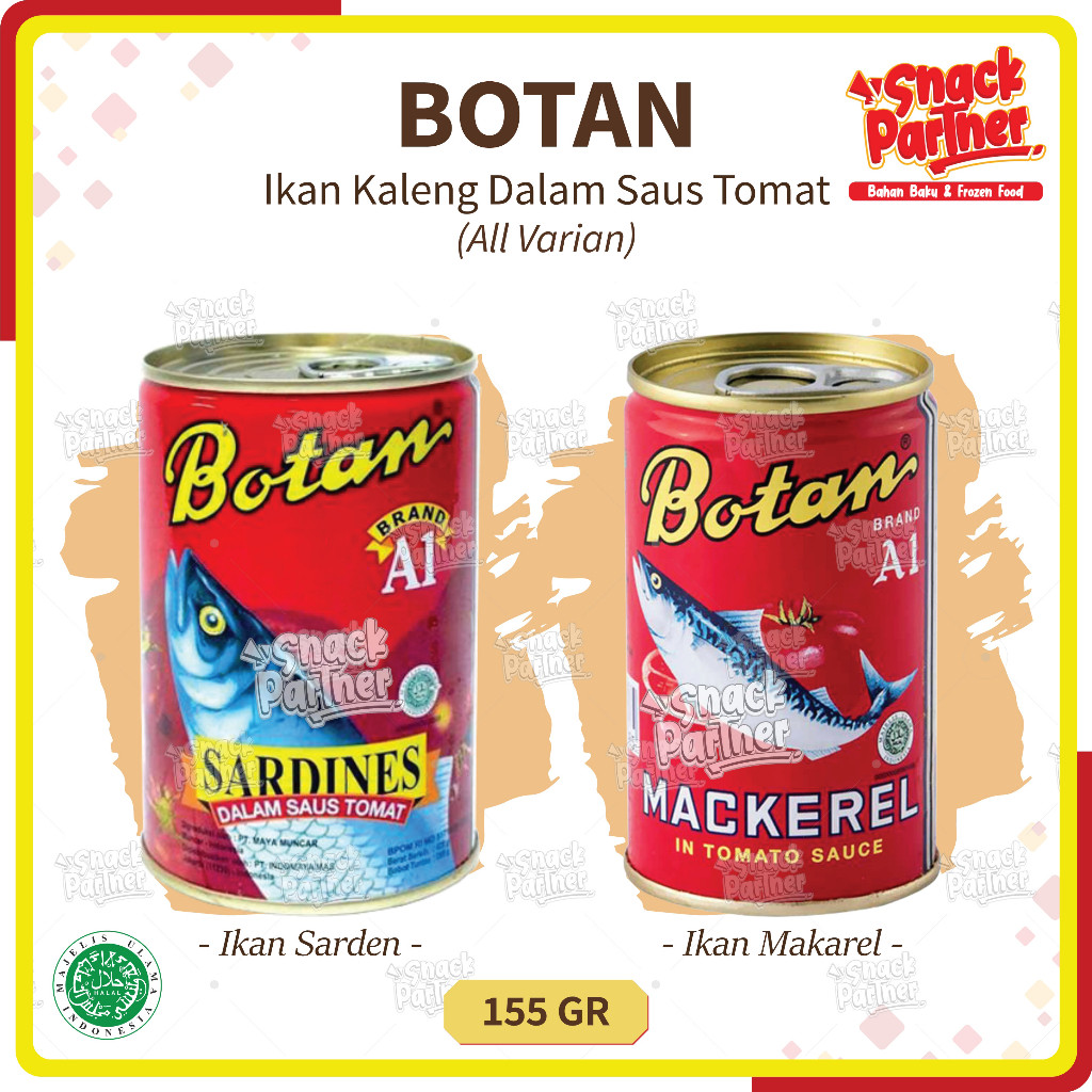 

BOTAN 155 GR - IKAN MAKAREL / SARDEN Kaleng Dalam Saus Saos Tomat - Sardines Mackerel in Tomato Sauce