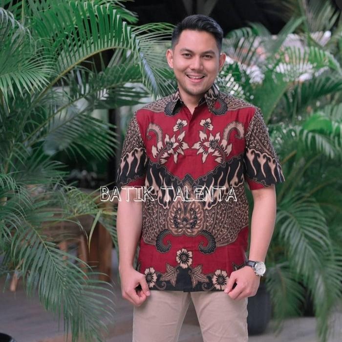 Kemeja Batik Modern Pria Lengan Pendek Executive Muda - Merah, L