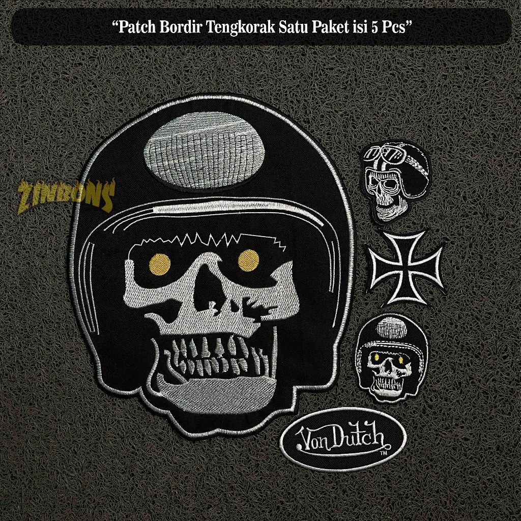 Patch bordir tengkorak helm satu paket isi 5 tempelan jahit patch besar patch punggung back patch bo