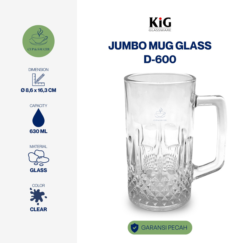 Kedaung Home Mug Kaca Gagang Jumbo Diameter 8,6 cm Kapasitas 760 ml Large Cup With Handle Tea Coffee